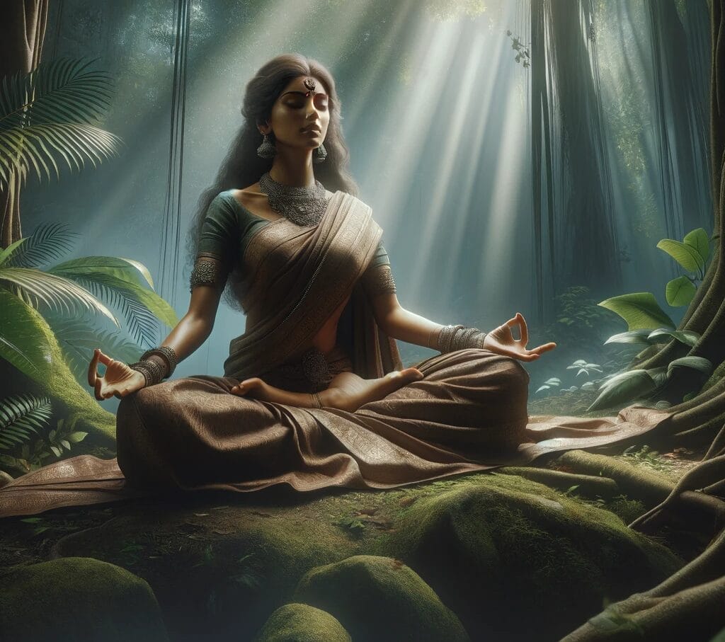 DALL·E 2023 11 04 20.05.43 Create an image of a realistic woman with traditional South Asian features performing spiritual asceticism tapasya in a lush jungle setting. She is