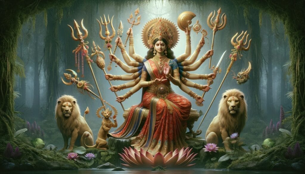 DALL·E 2023 11 04 20.08.45 Refine the previously generated image of a realistic woman to include the full traditional appearance of the Hindu goddess Durga. She should be depict